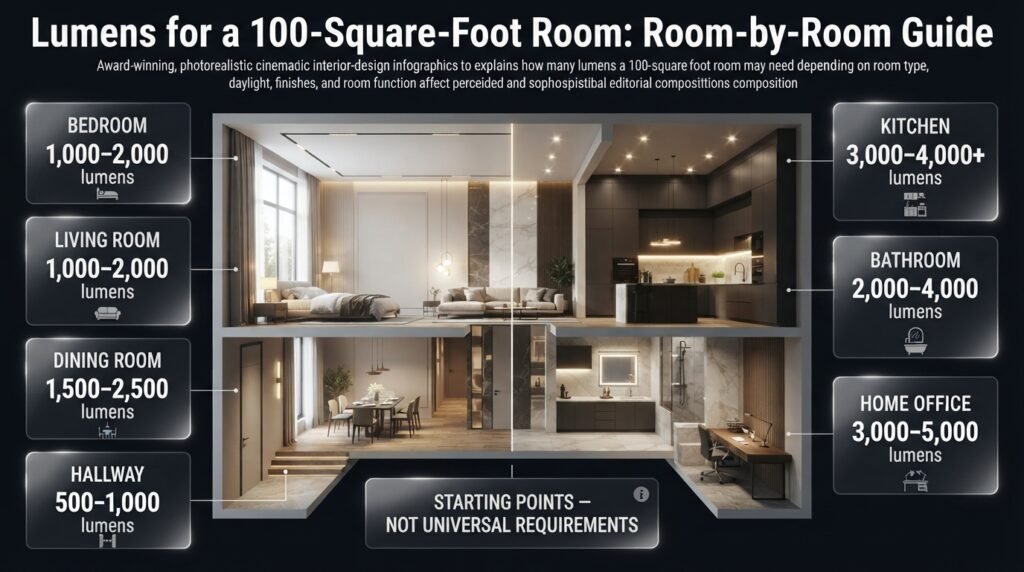 Lumens guide for a 100-square-foot room comparing starting lighting ranges for bedrooms, kitchens, bathrooms, offices, and more.