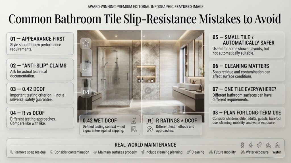 Common bathroom tile slip-resistance mistakes including DCOF, R ratings, tile size, cleaning, wet areas, and long-term use
