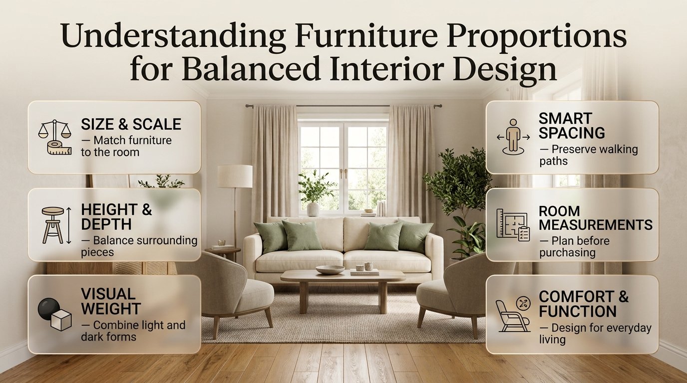 Balanced living room furniture proportions featuring a correctly sized sofa, coffee table, accent chairs, and spacious circulation.Understanding Furniture Proportions for Balanced Interior Design