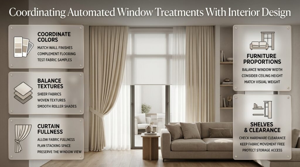 Coordinating automated window treatments with interior design through fabric colors, layered textures, curtain fullness, furniture proportions, and storage clearance.