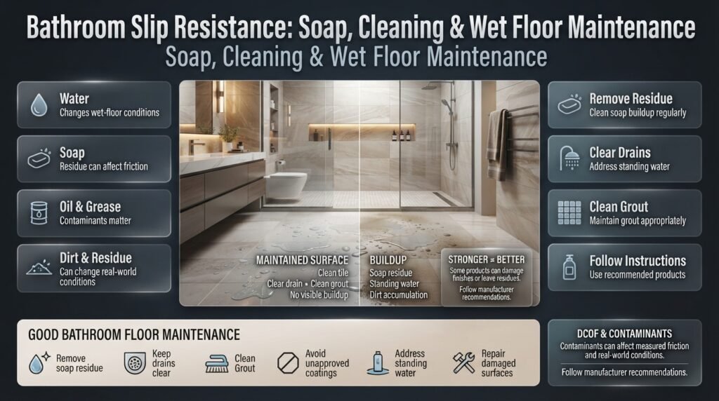Bathroom slip resistance affected by soap residue, standing water, grout, drains, cleaning, and proper tile maintenance practices