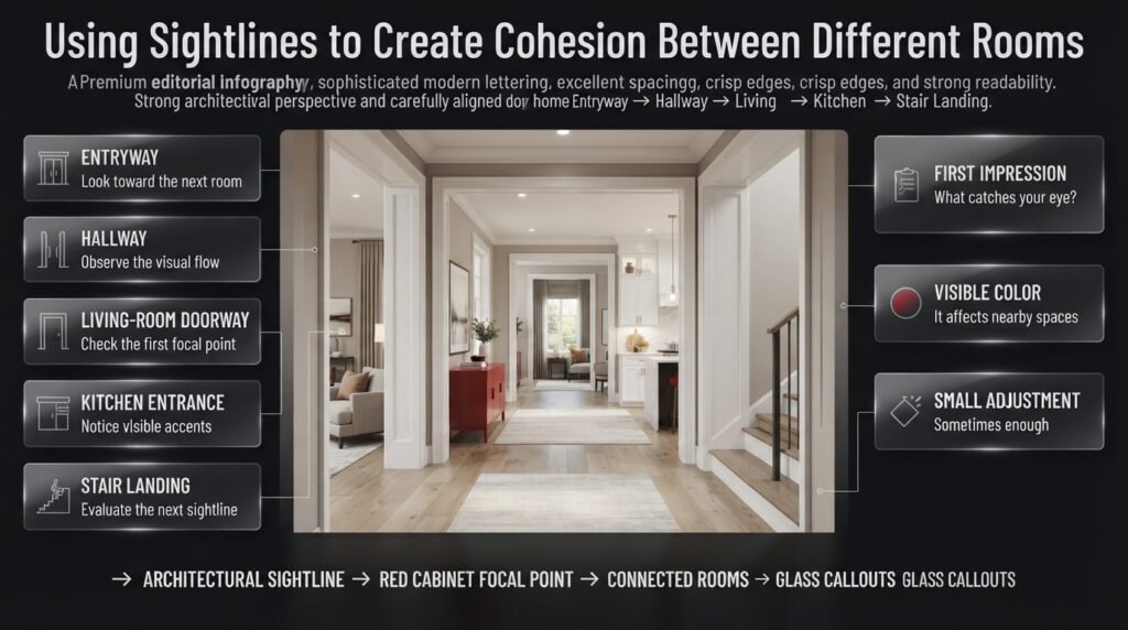 Use interior sightlines from hallways, doorways, entrances, and stair landings to create visual cohesion between rooms.