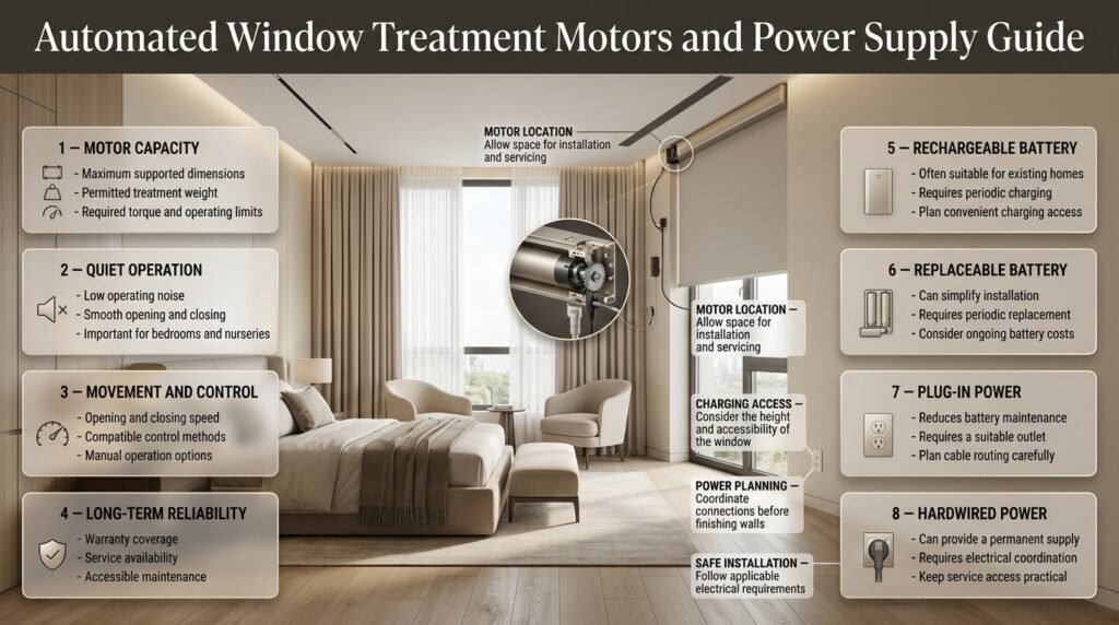 Automated window treatment motor and power supply guide showing smart curtain motors, roller shade mechanisms, rechargeable batteries, plug-in power, and hardwired connections in a luxury modern home.