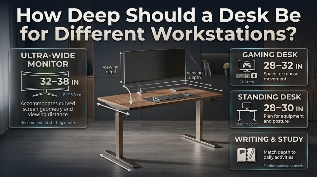 Desk depth requirements for laptop, desktop, dual-monitor, gaming, standing, and study workstations with practical ergonomic layouts.