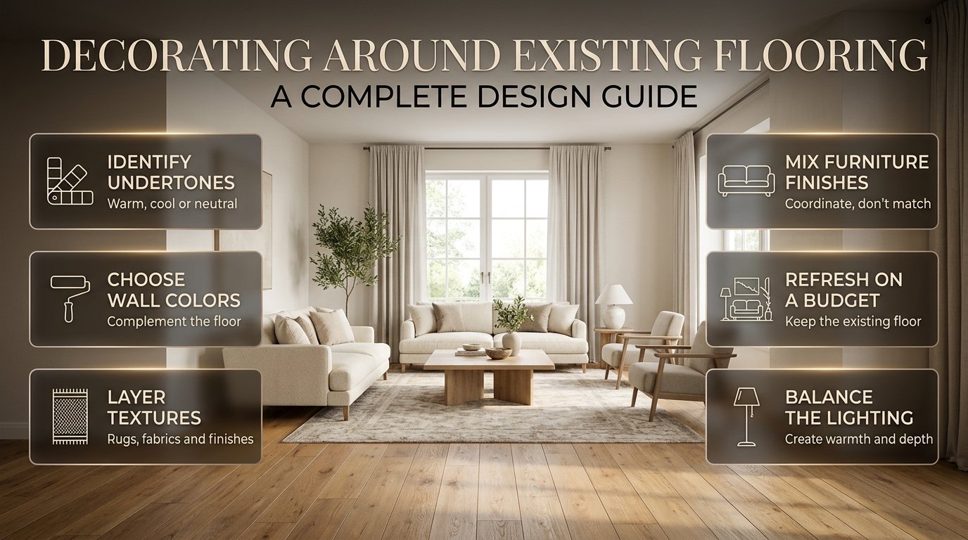 Decorating around existing flooring with complementary wall colors, stylish furniture, layered rugs, and elegant interior design accents.Decorating Around Existing Flooring: A Complete Design Guide