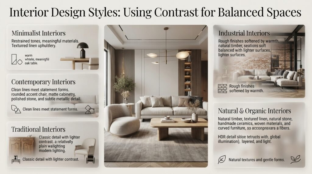 Interior design styles using contrast, featuring minimalist, contemporary, traditional, industrial, and organic interiors with varied textures and materials.