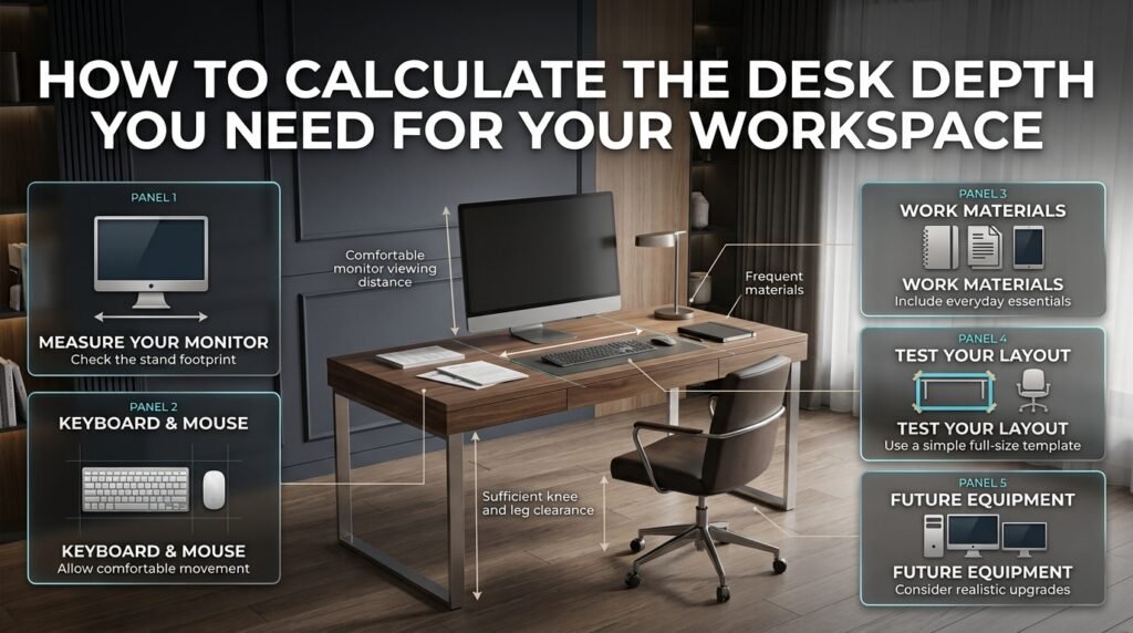 How to calculate desk depth by measuring monitor stands, keyboard and mouse space, work materials, chair clearance, and future equipment needs.
