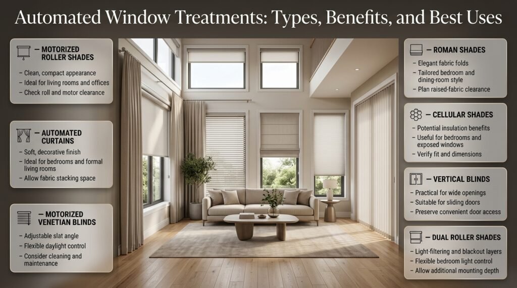 Automated window treatments comparison featuring motorized roller shades, smart curtains, Venetian blinds, Roman shades, cellular shades, and dual roller shades in a modern luxury interior.