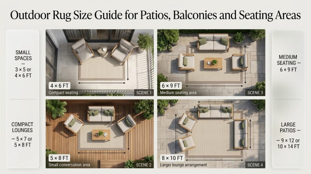 Outdoor rug size comparison featuring 4×6, 5×8, 6×9, 8×10, and 9×12-foot rugs beneath patio furniture arrangements.