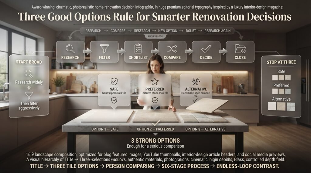 Renovation decision process comparing three tile options: safe, preferred, and alternative choices before making a final decision.