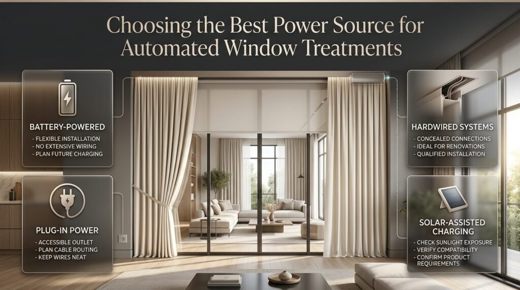 Automated window treatment power options featuring rechargeable batteries, plug-in motors, concealed hardwired connections, and solar-assisted charging.