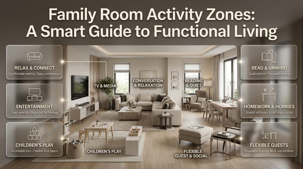 Family room activity zones featuring comfortable seating, TV entertainment, children's play space, a reading corner, and a multifunctional hobby table.
