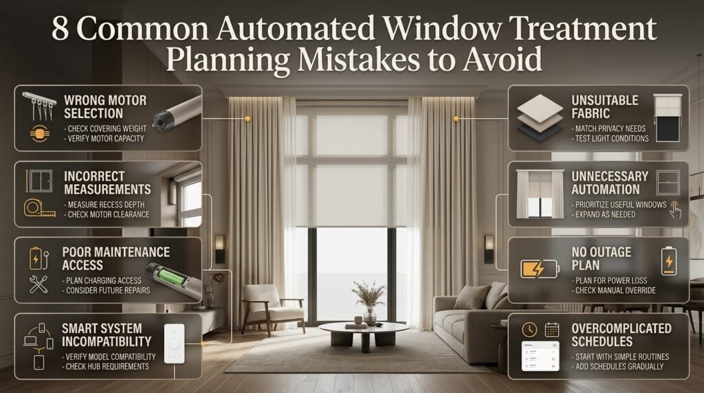 Automated window treatment planning mistakes involving motor selection, incorrect measurements, maintenance access, smart compatibility, fabric choice, and scheduling.