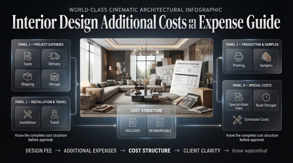 Interior design additional costs including taxes, delivery, shipping, storage, installation, travel, samples, and contractor expenses