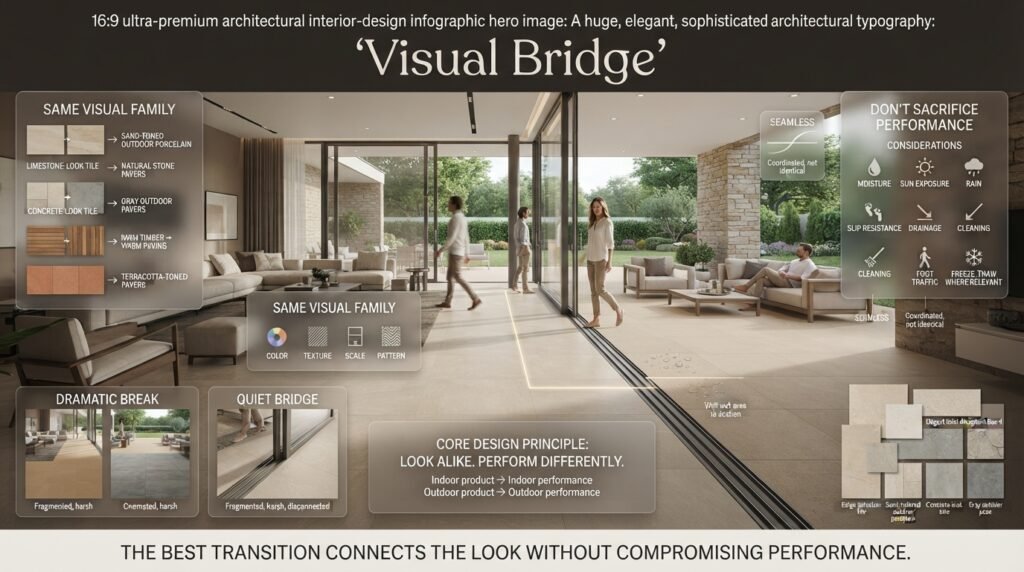 Luxury indoor outdoor transition using coordinated porcelain, stone, and paving materials to create visual continuity without sacrificing outdoor performance 