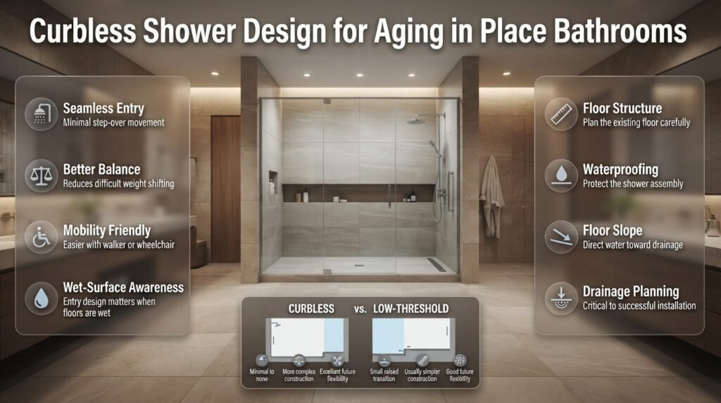 Curbless shower design for aging in place with seamless entry, proper drainage, waterproofing, and wheelchair-friendly access