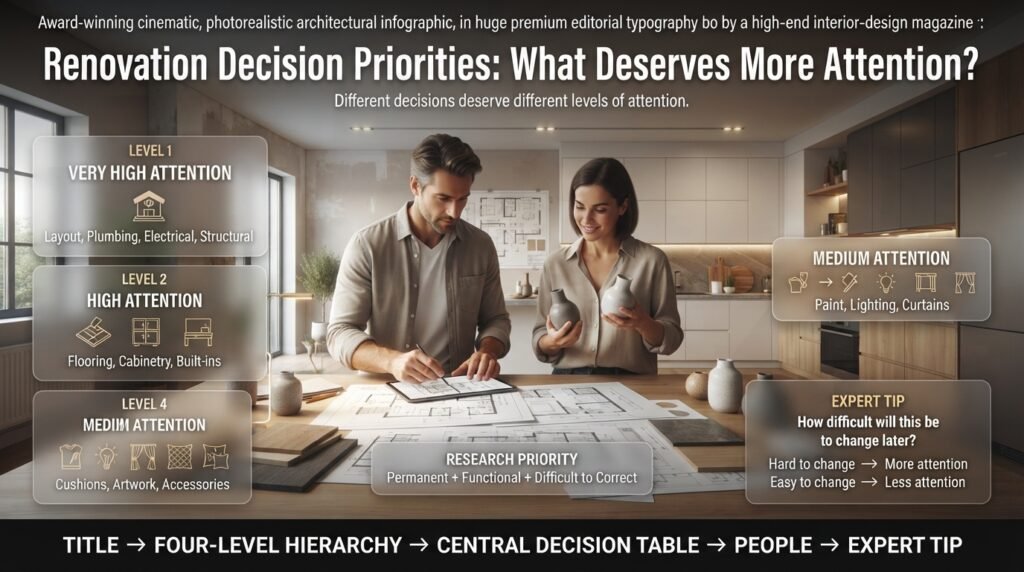 Renovation decision hierarchy showing permanent, difficult, changeable, and easy-to-replace choices with different research priorities.