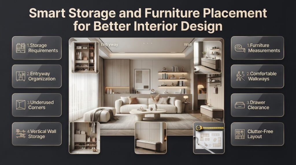 Interior design infographic showing smart storage solutions, wall shelves, furniture placement, space planning, and organized entryway storage.