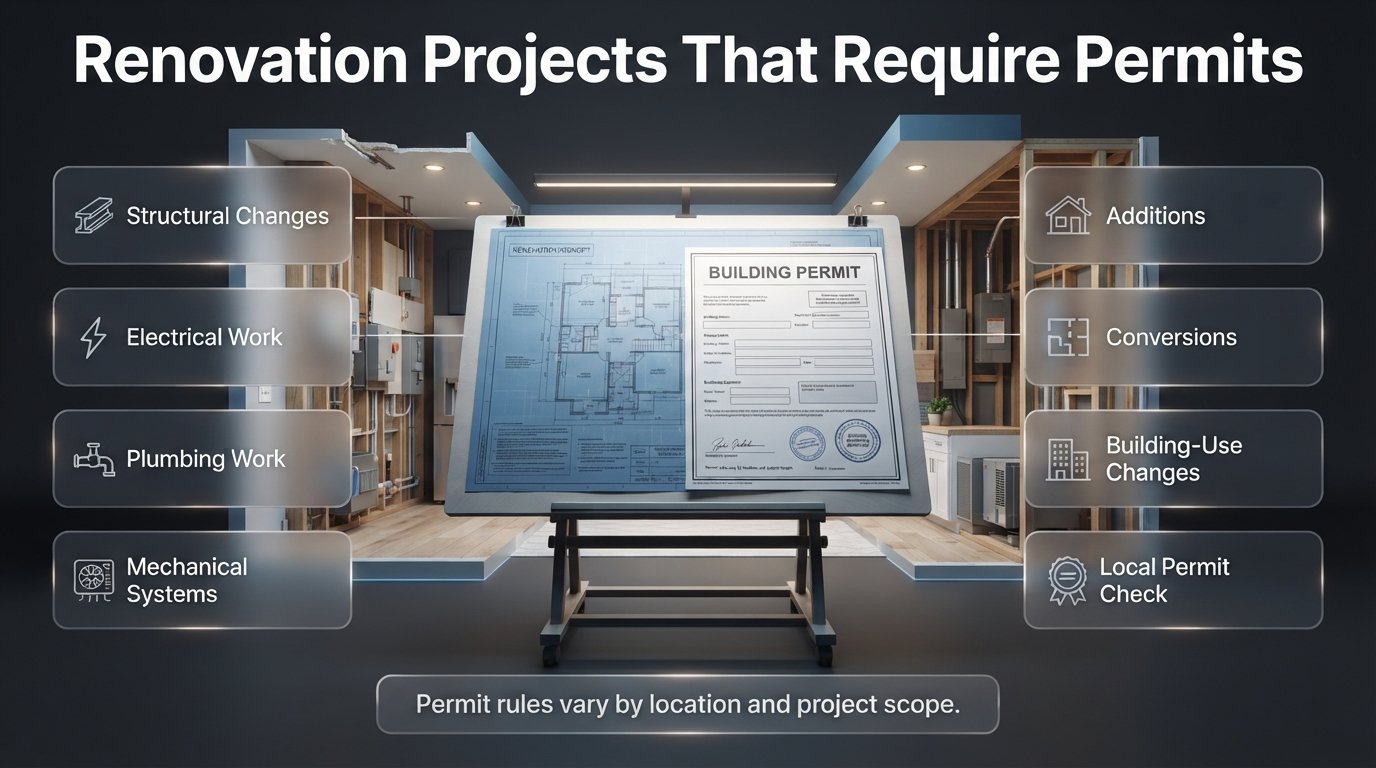 Renovation projects that require permits shown with structural, electrical, plumbing, and remodeling approval requirements.Renovation Projects That Require Permits: A Homeowner Guide