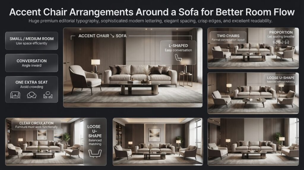 Accent chair arrangements around a sofa showing L-shaped, two-chair, and U-shaped layouts with balanced conversation and circulation.
