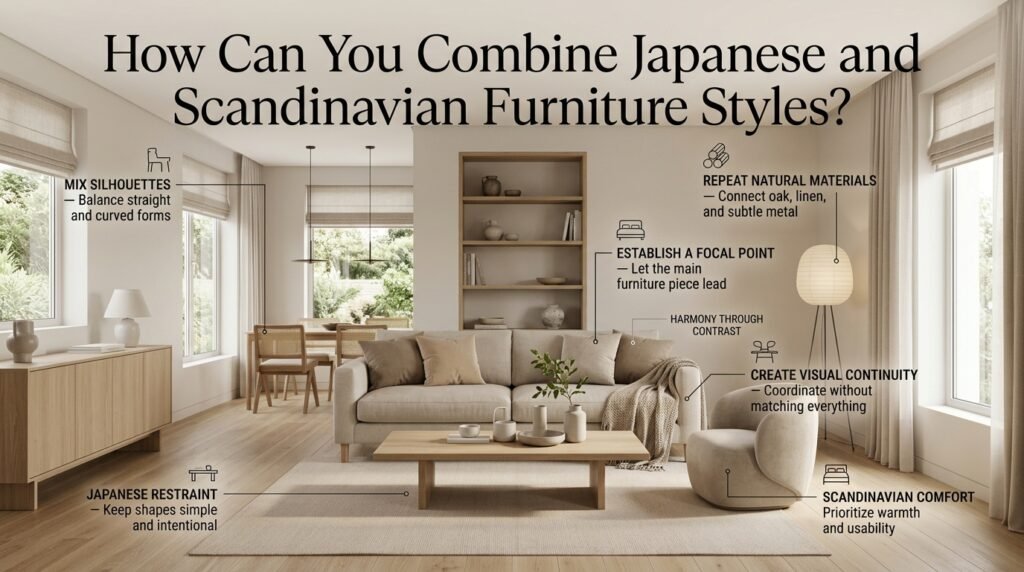 Japanese and Scandinavian furniture combined in a Japandi interior with a low wooden coffee table, curved upholstered chair, oak shelving, and natural linen textures.