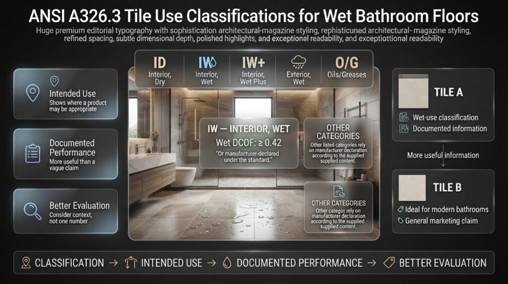 ANSI A326.3 tile use classifications explained with ID, IW, IW+, EW, O/G, and wet DCOF criteria for flooring selection
