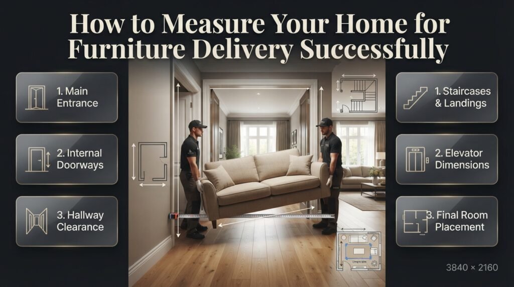 How to measure your home for furniture delivery, including entrance doors, internal doorways, hallways, staircases, elevators, and room dimensions.