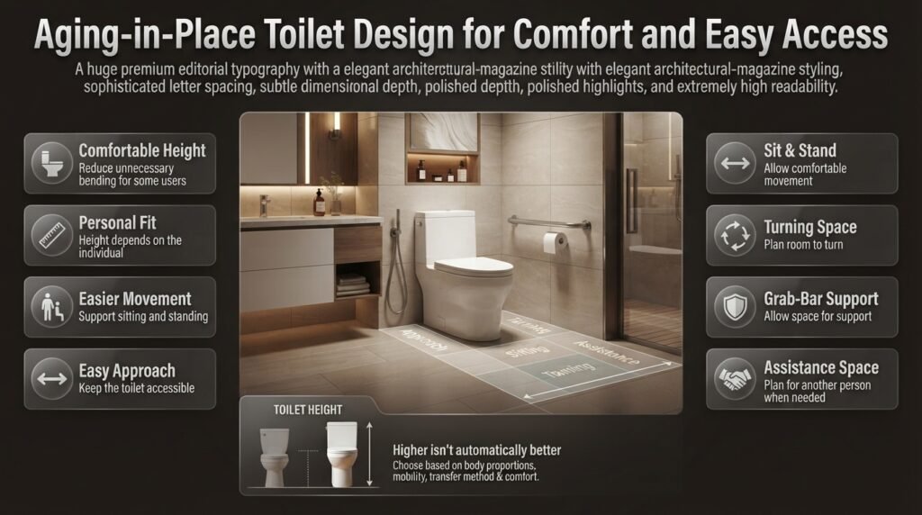 Aging-in-place toilet design with comfortable height, spacious clearance, grab-bar support, and easy approach and movement