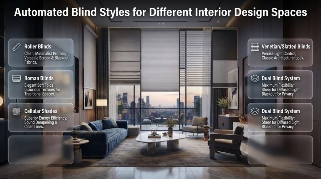 Automated blind styles compared across modern interiors, including roller, Roman, cellular, Venetian, and dual blind systems
