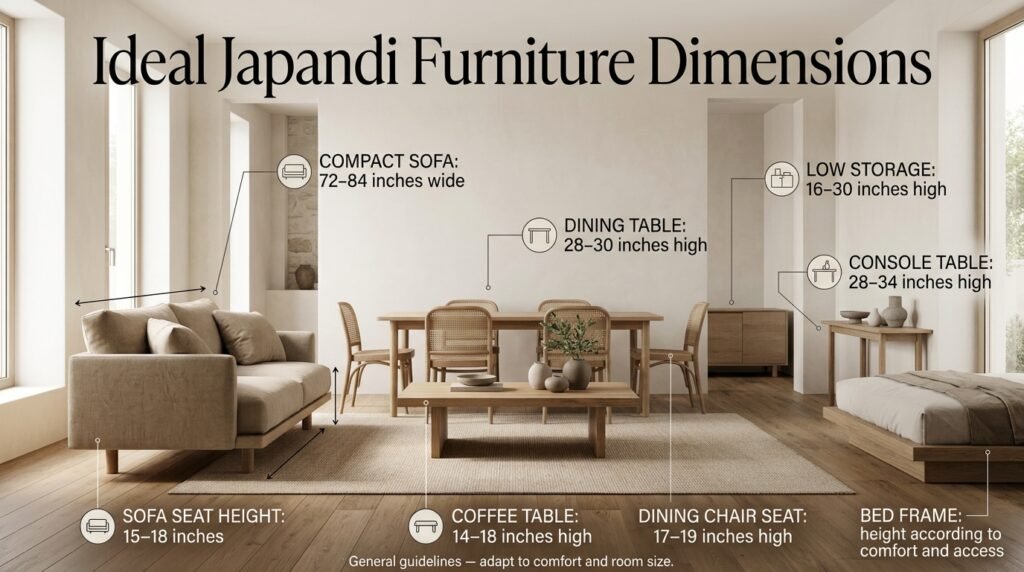 Ideal Japandi furniture dimensions showing a compact sofa, low coffee table, dining table, chairs, and storage cabinet in a balanced minimalist interior.