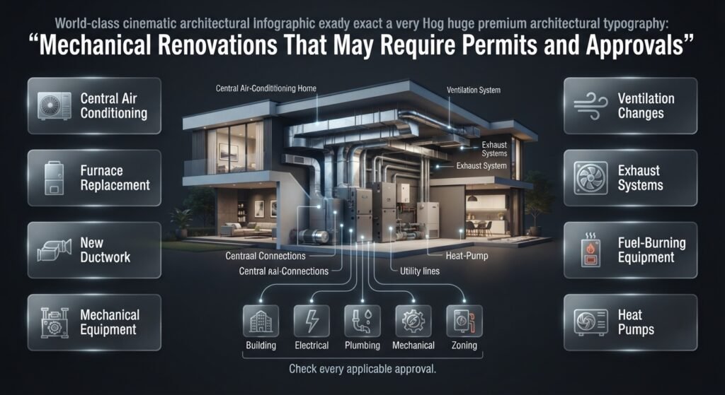 Mechanical renovation permit requirements for air conditioning, furnaces, ductwork, ventilation, heat pumps, and exhaust systems.