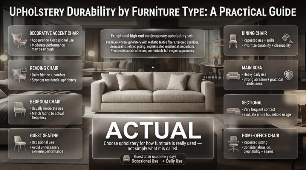 Upholstery durability guide comparing accent, reading, dining, sofa, sectional, bedroom, office, and guest chairs