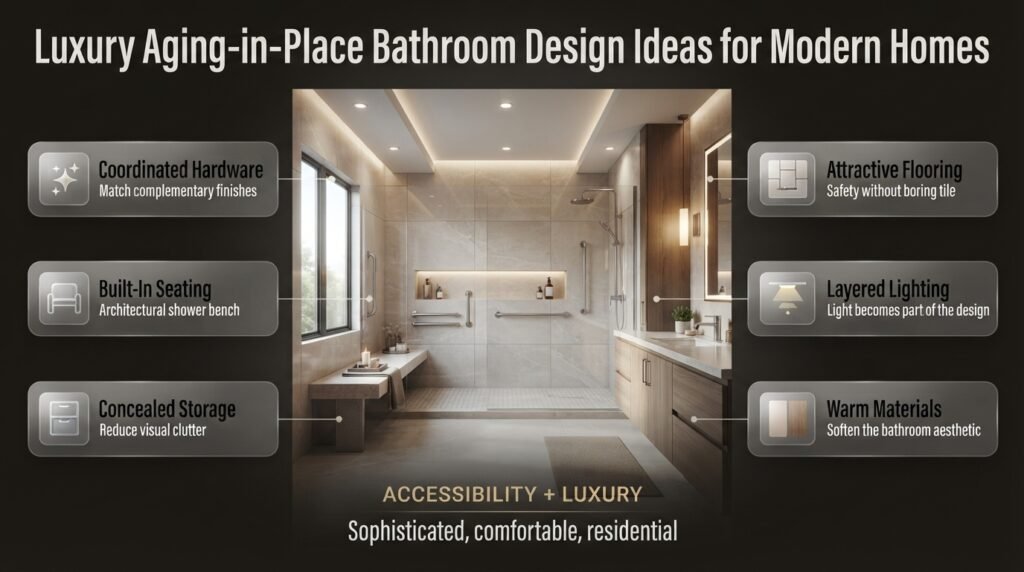 Luxury aging-in-place bathroom with coordinated hardware, shower seating, concealed storage, layered lighting, and warm finishes