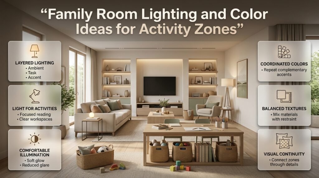 Family room lighting and color ideas featuring layered illumination, warm neutral interiors, a cozy reading lamp, and coordinated activity zones.