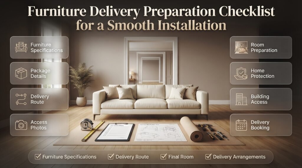 Furniture delivery preparation checklist showing measured furniture dimensions, a cleared delivery route, protected floors, building access, and installation space.