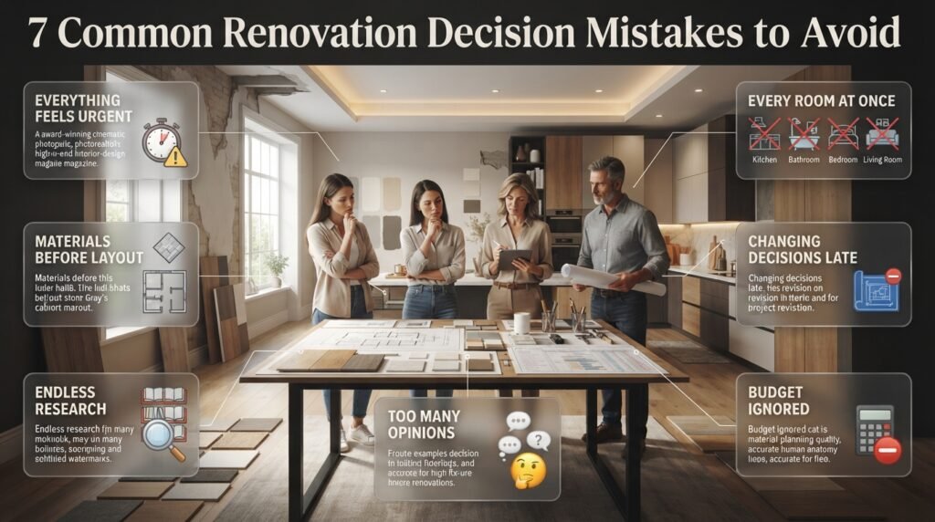 Home renovation decision mistakes infographic showing urgency, materials, research, advice, budget, late changes, and whole-home renovation.