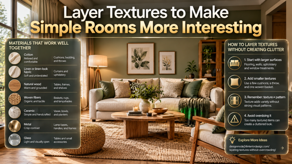 Layered interior textures featuring a beige sofa, woven rug, linen cushions, natural wood, ceramic accessories, and warm lighting for an elegant living room.