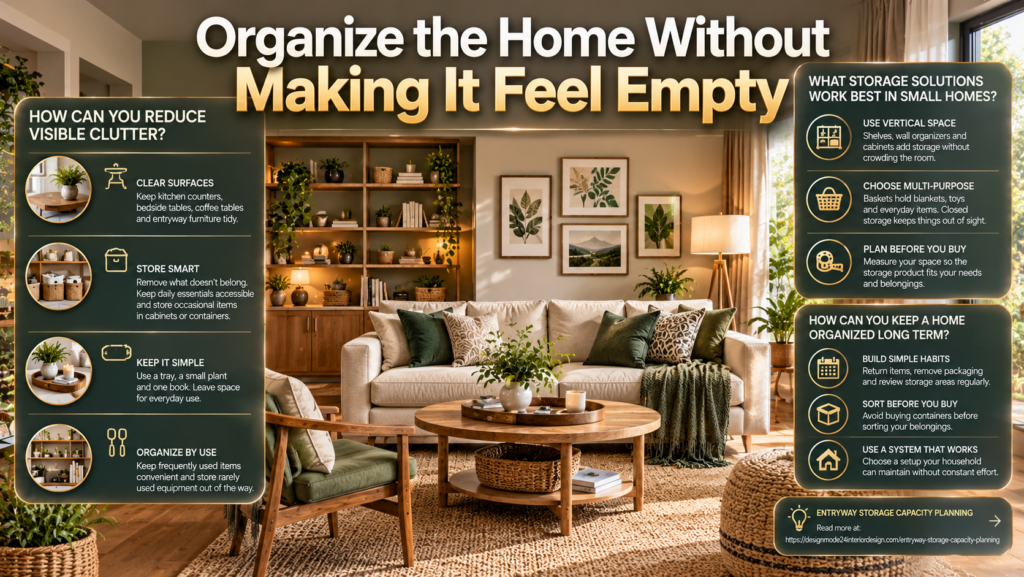 Organized living room with woven storage baskets, wooden shelves, decorative trays, indoor plants, and practical storage ideas for a clutter-free home.