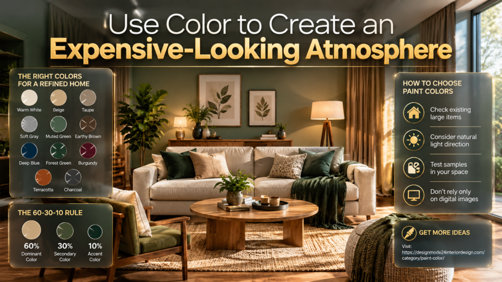 Sophisticated living room color scheme featuring warm white, beige, forest green, earthy textures, elegant lighting, and the 60-30-10 decorating rule.