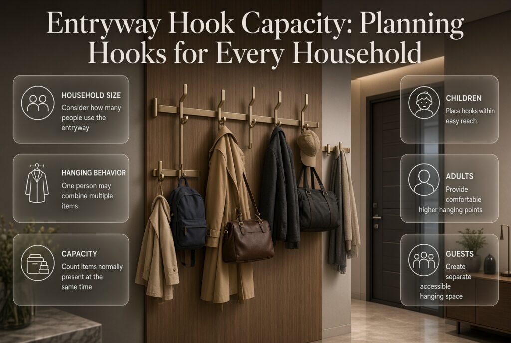 Entryway hook capacity planned around household size, hanging behavior, children, adults, and guest accessibility