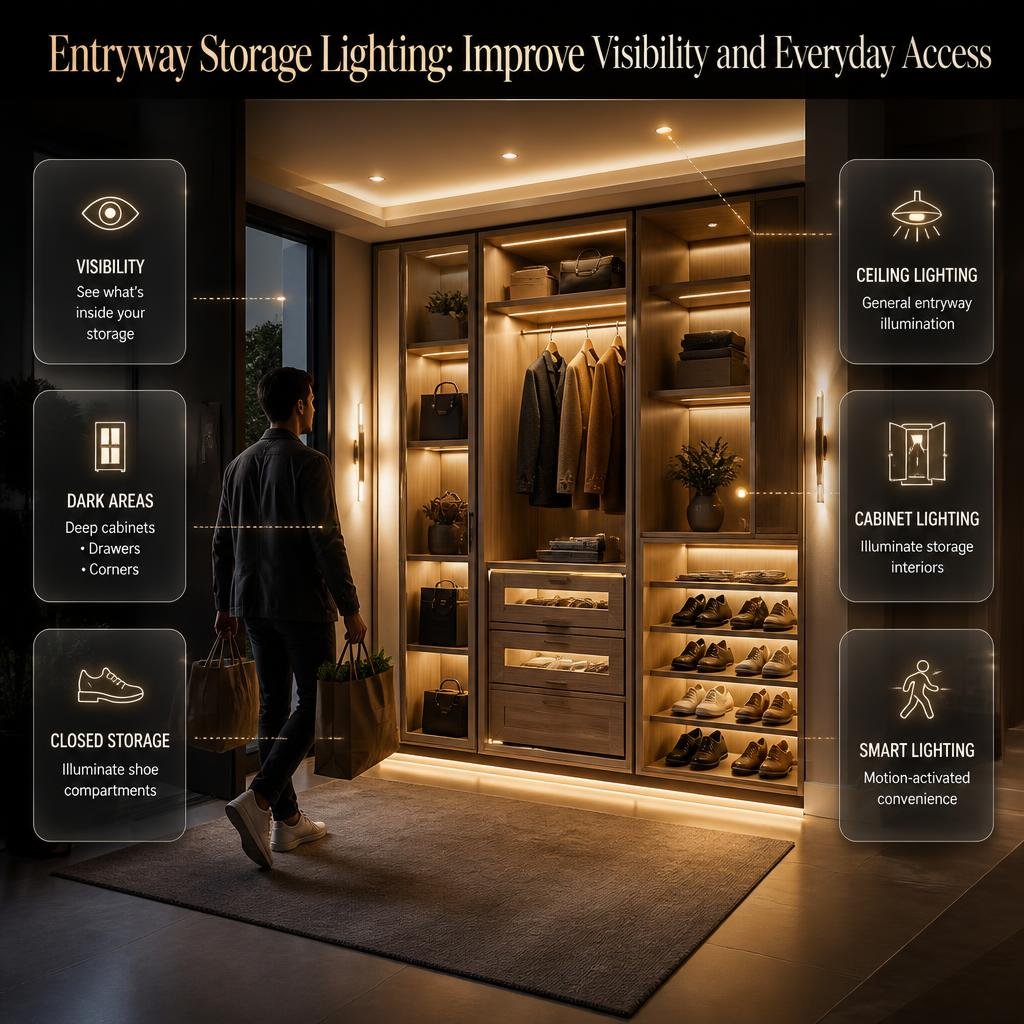 Entryway storage lighting using cabinet, ceiling, wall, motion-activated, and under-shelf lights for better visibility