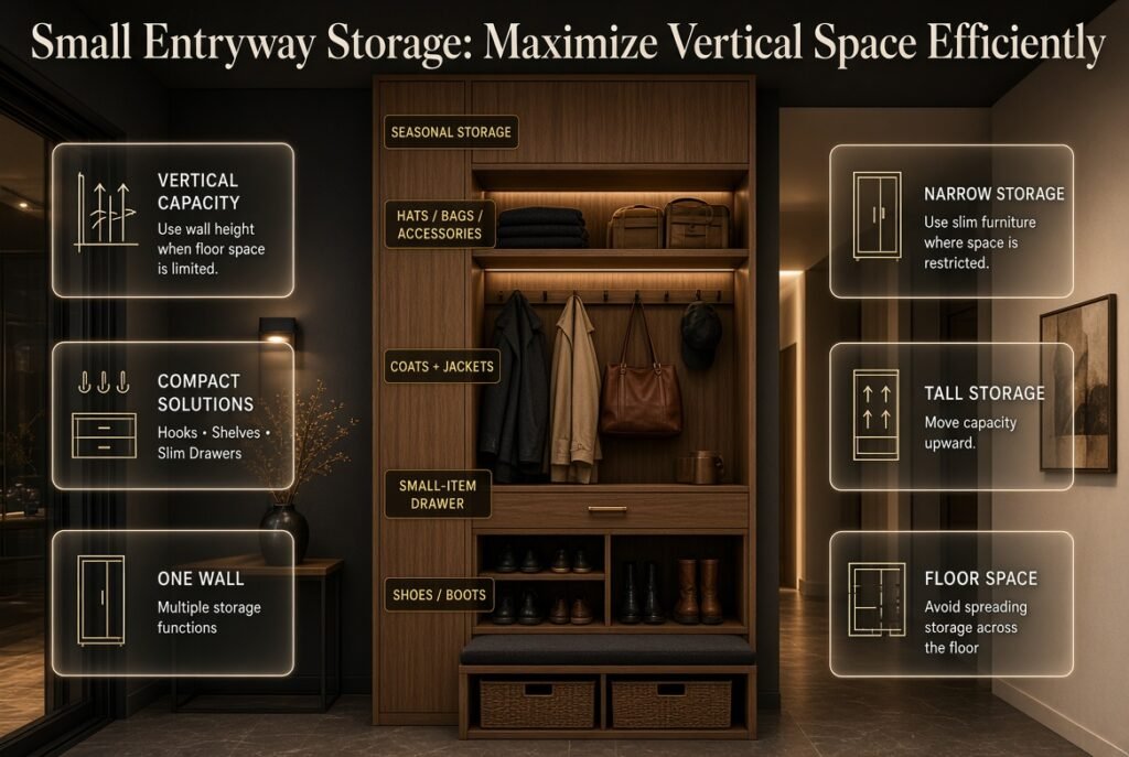 Small entryway storage using vertical wall space with hooks, shoe cabinets, shelves, drawers, benches, and baskets