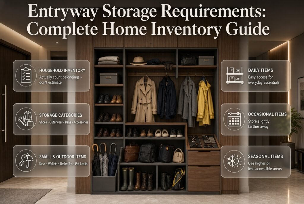 Entryway storage requirements organized by shoes, outerwear, bags, accessories, outdoor equipment, and seasonal belongings